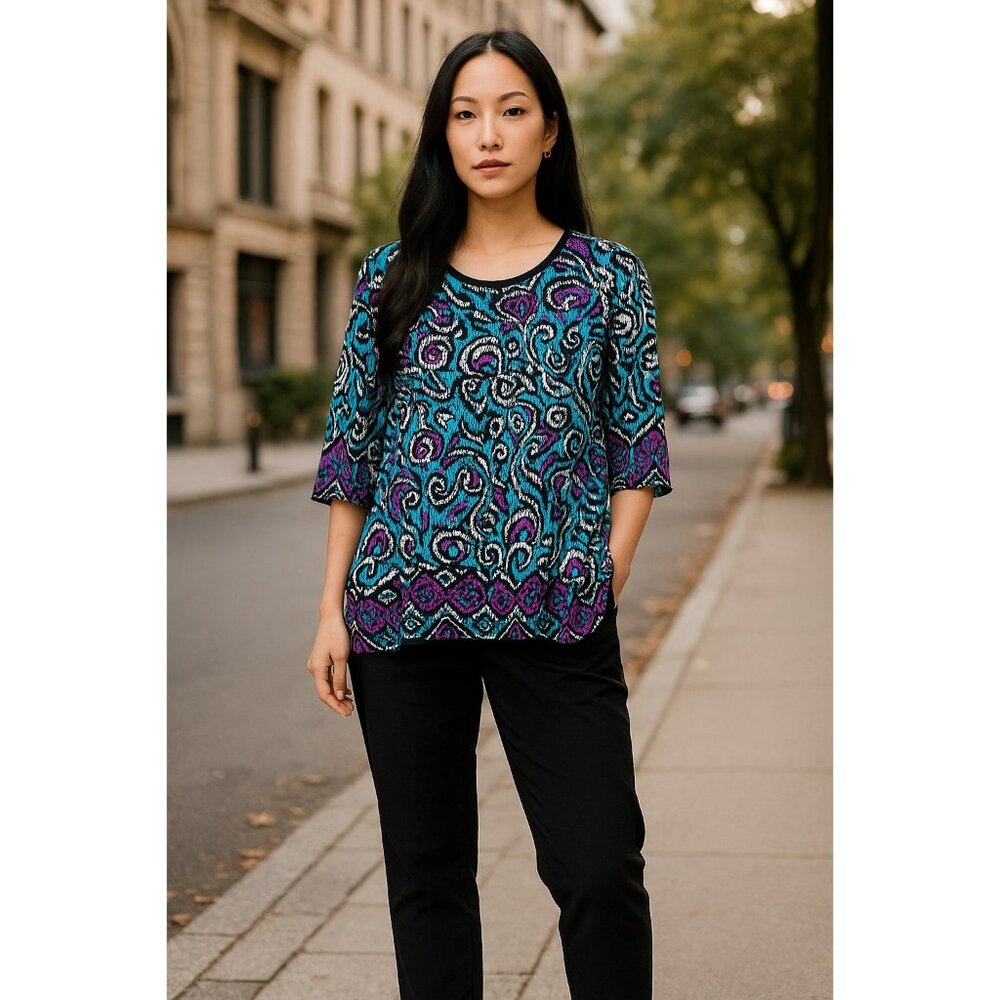 INC Womens X-Large Multicolor Abstract Print 3/4 Sleeve Top With Scoop Neck